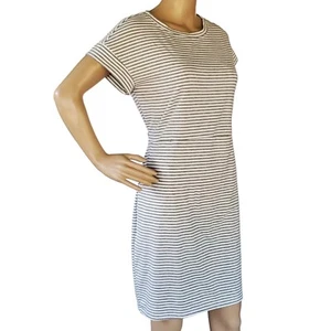 Striped Casual T Shirt Dress Sheath Gray & White Soft Tie Back Pockets - Picture 1 of 11