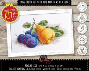 Kitchen cross stitch kit still life fruit Plum and Pear with Counted pattern - Picture 1 of 10
