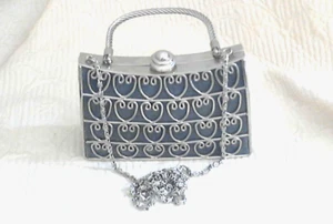 Sasha Metal Hrt Silver Gray Mesh Fab Bag 6.25"x4"x2"Thk Push Ball Clasp Line Blk - Picture 1 of 6