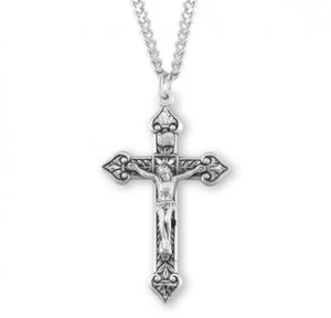 Leaf Design Sterling Silver Crucifix Size 2.1in x 1.3in Features 24in Long chain - Picture 1 of 4