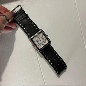 Montana Silversmiths black leather stud square face barbed wire wrist watch NIB - Picture 1 of 5