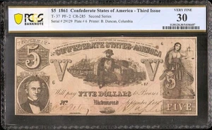 1861 $5 BILL CONFEDERATE STATES CURRENCY CIVIL WAR NOTE PAPER MONEY T-37 PCGS 30 - Picture 1 of 2