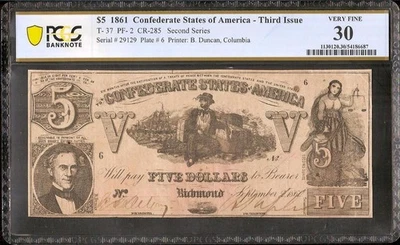 1861 $5 BILL CONFEDERATE STATES CURRENCY CIVIL WAR NOTE PAPER MONEY T-37 PCGS 30 - Image 1 of 2