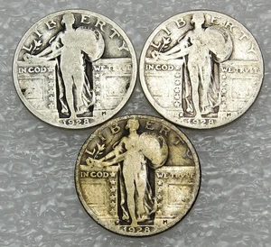 1928 P, D, S Standing Liberty Silver Quarter Nice luster, lot of 3 coins #M185 - Picture 1 of 2