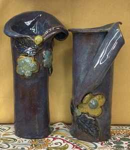 Pair Vintage Ceramic Vases Purple Blue Glazed Pottery Studio Art Handmade Set - Picture 1 of 8