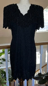 Vintage Lawrence Kazar V Neck Beaded Dress Silk Party Cocktail Black XL - Picture 1 of 19
