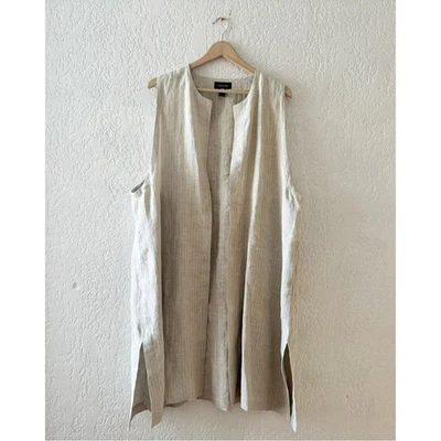 Eskandar Linen Vest Duster L Sleeveless Longline Pinstripe Lagenlook Designer - Image 1 of 4