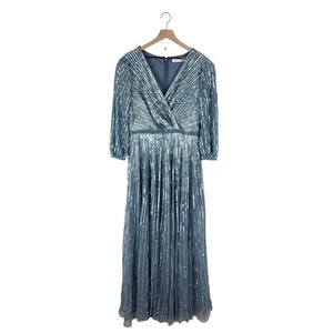 Abito Mac Duggal blu con paillettes impreziosito blu ardesia 12 nuovo con etichette 5509 - Foto 1 di 15