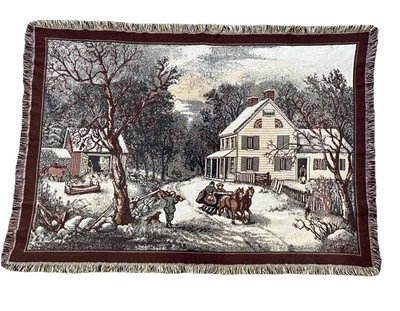 Goodwin Weavers Tapestry Woven Cotton Throw Winter Horses Sleigh Farm 64 x 48 - Image 1 of 4