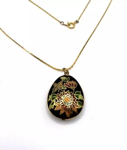 Collar Colgante Cloisonné Hinchado Floral Esmalte Negro con Cadena Tono Dorado ¡Bonito! - Imagen 1 de 9