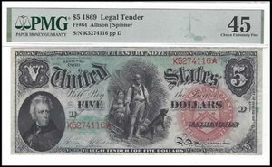 1869 $5 Legal Tender Rainbow Woodchopper Note FR-64 PMG 45 (#100985) - Picture 1 of 2