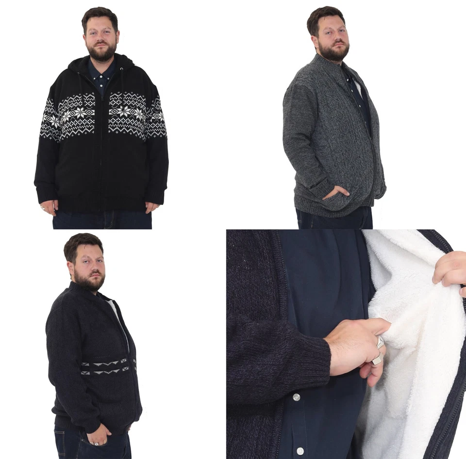 BROOKLYN DIRECT UK Big & Tall Size Nordic Cardigan Long Sleeve Full ZIP Jacket Fleece Lined 2XL-5XL