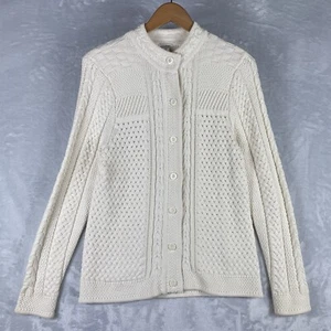 L.L. Bean Womens Med Cardigan 290399 Ivory Cream Chunky Fisherman Cotton - Picture 1 of 8