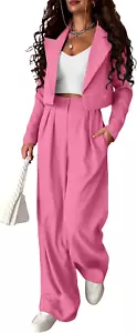 Women'S 2 Piece Casual Outfits Cropped Blazer Jackets High Waisted Wide Leg Work - Picture 1 of 12