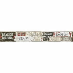 Bayside Beach Signs Red, Beige, Black on Sure Strip Wallpaper Border NY4879BD - Picture 1 of 2