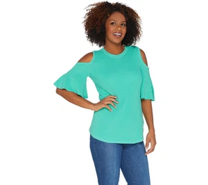 Isaac Mizrahi Live! Cold Shoulder Flutter Short Sleeve Sweater Pool Green Size M - Picture 1 of 2