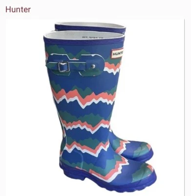 Hunter Kids First Storm Stripe Electric Rain Boots Size 11Green Blue Boys Girls - Image 1 of 4