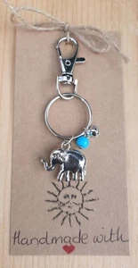 Boho Elephant Keyring/Bag Charm With Bell & Turquoise Glass Bead Handmade 🐘  💕 - Picture 1 of 3