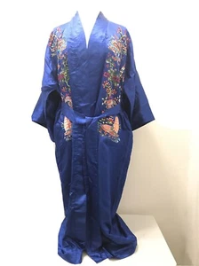 Plum Blossoms Women's Asian Embroidered Blue Satin Robe Small - Picture 1 of 8
