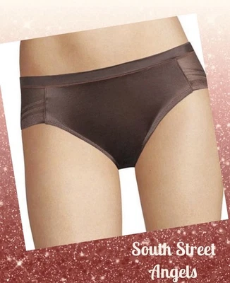 AMBRIELLE CHICKORY BROWN  SATIN FRONT SHEER MESH BACK HICUT BRIEF PANTIES  L 7 - Image 1 of 4