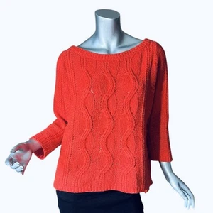 Ann Taylor Loft Medium Coral Orange Chunky Cable Knit Sweater 3/4 Sleeves - Picture 1 of 10
