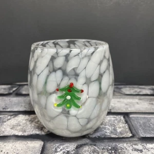 ANTHROPOLOGIE Snow Flurries Christmas Tree  Holiday Stemless Wine Glass Tumbler - Picture 1 of 10