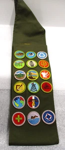 Vintage 90s Boy Scout Merit Badge Sash w/ 16 Badges 9 Camp Patches - Picture 1 of 10