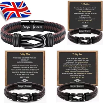 New To My Man Son Love You Forever Leather Braided Bracelet Wristband With Box - Image 1 of 2