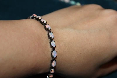 Laboratorio Ópalo de Fuego Plata Negro Oro Placa Tenis Pulsera Joyería Cóctel Informal Foto 1 de 4