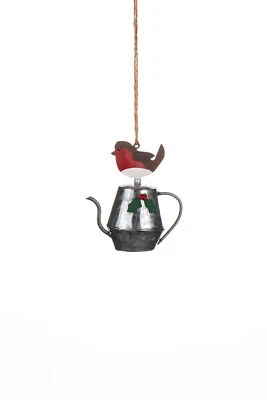Shoeless Joe Metal Robin on Teapot Christmas Tree Decoration - Rustic Ornament
