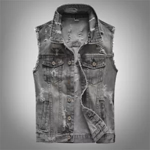 Gilet Biker En Jean Gris Pour Hommes Sans Manches Veste Tops Déchirée - Imagen 1 de 18