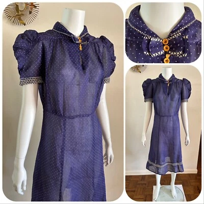 1930s Sheer Cotton Polka Dot Ruched Puff Sleeve Western Day Dress Bow Tie VTG - Image 1 of 4