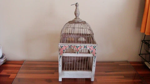 Decorative Bird Cage Wood Hand Painted Floral Wood & Wire 16" Vtg White Shabby Cover