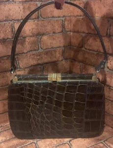 1950s Brown Alligator Bag Vintage Brass Hardware France Macy’s NY wChange Purse - Picture 1 of 20