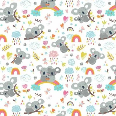 100% Cotton Fabric Koala bear in flowers and butterflies white 160cm(62")