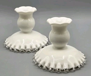VINTAGE Fenton Silver Crest White Milk Glass Candlesticks Pair 3.5" Ruffled Edge - Imagen 1 de 8