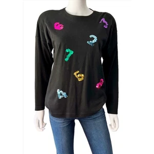 CHAUS PETITES Vintage Black Sequin Number Knit Top Teacher Small - Picture 1 of 8