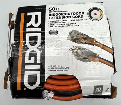 Cable de extensión RIDGID 50 pies 10/3 interior/exterior SJTW con extremo iluminado naranja/gris Foto 1 de 4