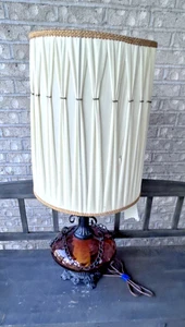 VTG LARGE MID CENTURY AMBER GLASS LAMP &PLEATED SHADE HOLLYWOOD REGENCY STYLE - Picture 1 of 14