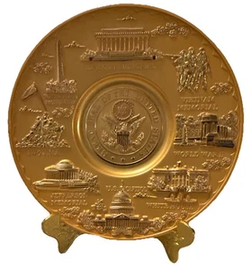 Washington DC USA 2-PC SET Gold Tone Metal Plate 6.5" & Holder Travel Souvenir  - Picture 1 of 6