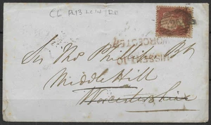 GB Nov 1855 1d Red Plate 13 C6 Perf 14 on Cover - Missent to Worcester - Picture 1 of 4