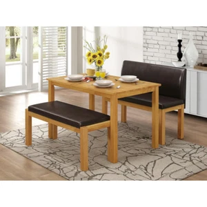 Dining Kitchen Table Set Oak Finish Bench High Back Bench Brown Leather Seat - Picture 1 of 1