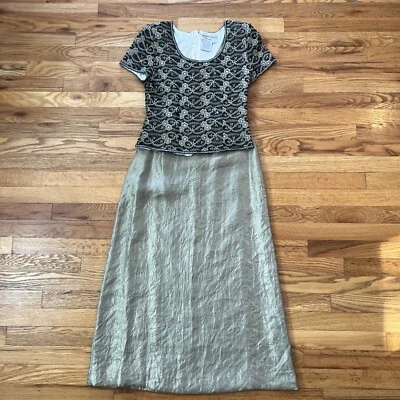 Arianna Papell Occasions 2 Piece Sequined Black Gold Beaded Gown Top Skirt Sz 4P - Image 1 of 4