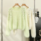 Womens Rhinestones Plush Faux Fur Round Neck Pullover Knitted Baggy Sweater Tops