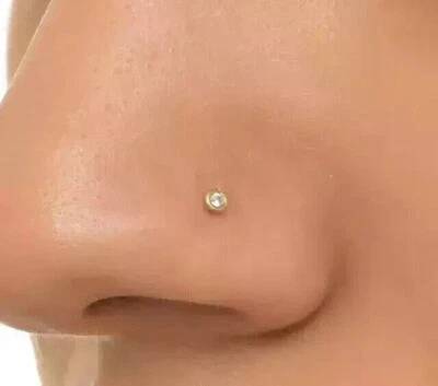 Round Natural Diamond Solitaire Bezel 18g Nose Pin Solid 14k Yellow Gold - Image 1 of 4