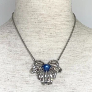 VTG Sterling Silver 925 Forstner Blue Cats Eye Glass Floral Pendant Necklace 16" - Picture 1 of 24