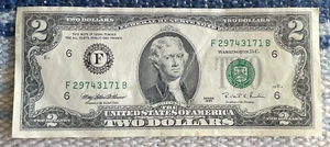 ✅ 1995 Green B Two Dollar Bill Circulated - Picture 1 of 11
