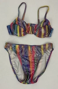 Vintage Sunrays Damen 9 Bikini Regenbogen Folie Gepolstert Pushup BH Hochgeschnitten Unterteil - Bild 1 von 6