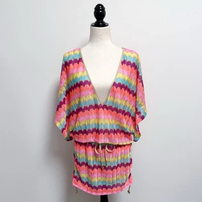 Luli Fama Cabana Chevron V Neck Kimono Short Sleeve Blouson Mini Coverup Dress - Image 1 of 4