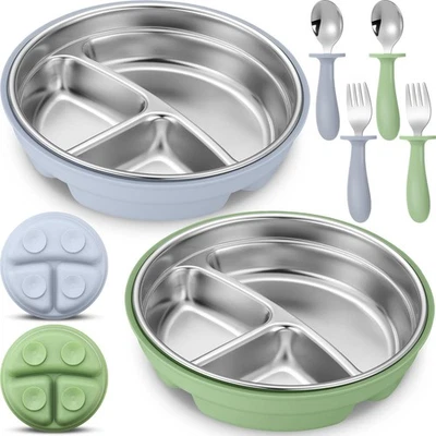 Nuogo 6pc Stainless Steel Baby Suction Plate Set, Forks Spoons, 2-in-1 Bowls Foto 1 de 4